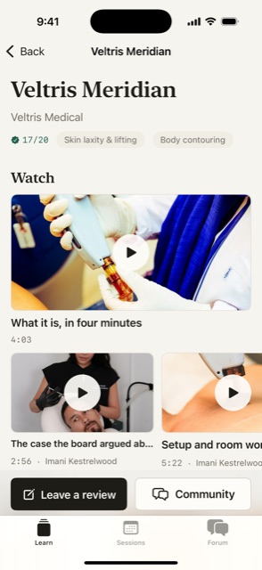 A device page in Refresh showing a board score of seventeen out of twenty, indication chips, and a library of videos.