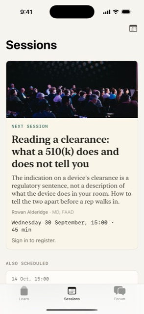 The sessions tab in Refresh, showing an upcoming live session on how to read a 510(k) clearance.